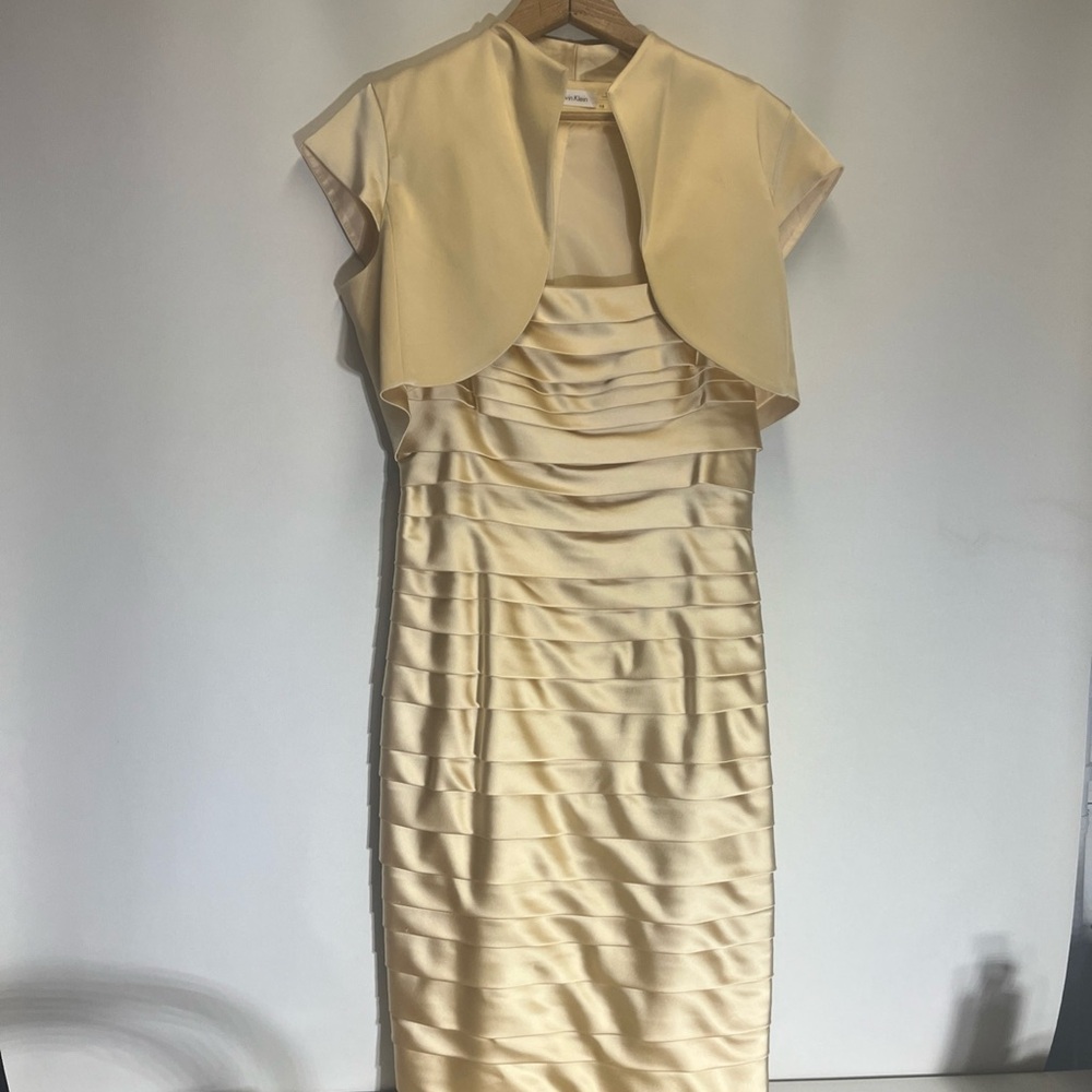 Calvin Klein Gold Midi Dress with Ruched Sheath Style with matching Bolo